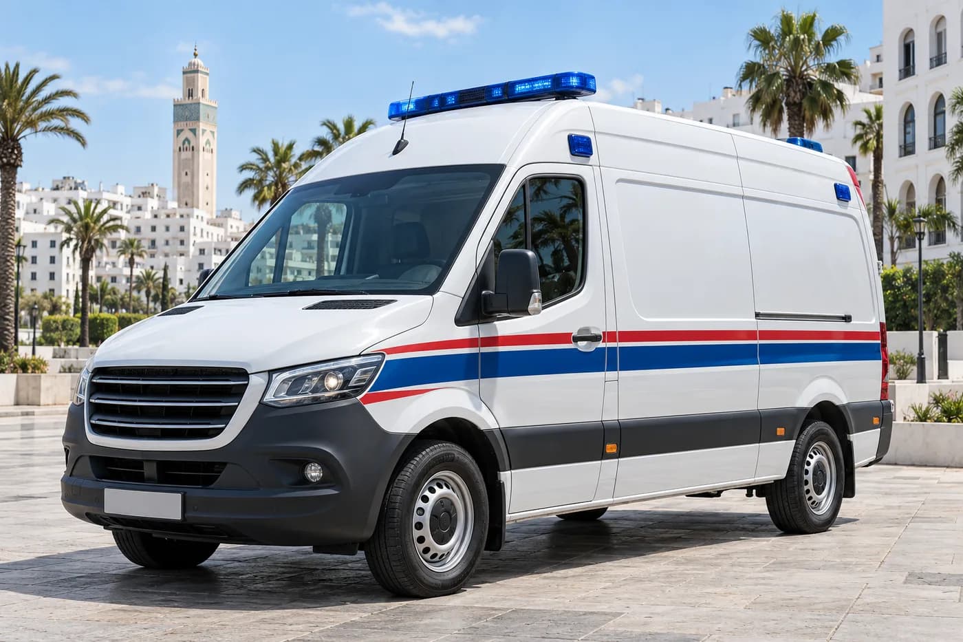 Illustration d’une ambulance médicalisée dans un environnement urbain à Casablanca
